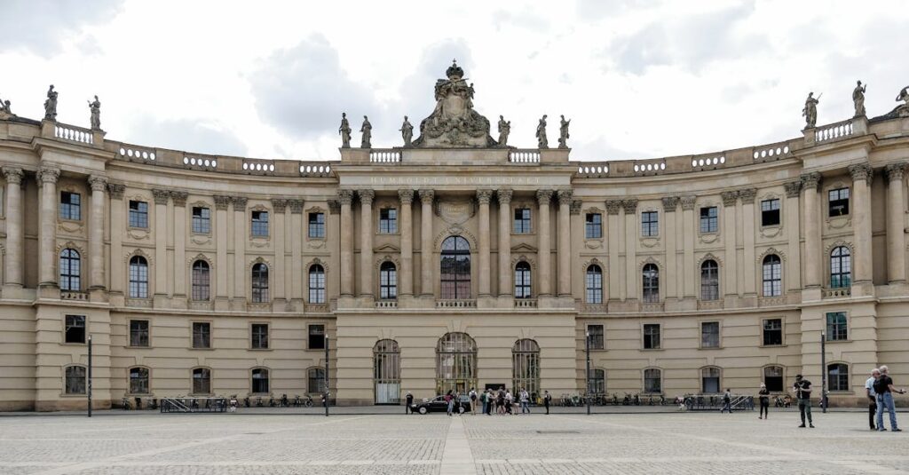 Elegant facade of Humboldt University's library in Berlin, showcasing neoclassical architecture.