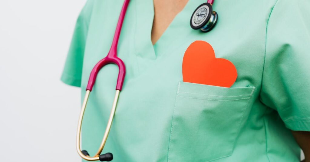 A healthcare professional with a stethoscope and red heart symbol emphasizes cardiology care.