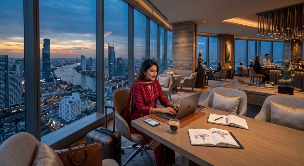 remote worker working on a laptop in a premium high-rise lounge in Bangkok